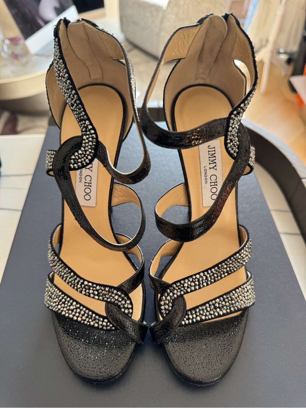 Jimmy Choo Black Crystal Strappy High-Heel Sandals